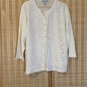 Cathy Daniels Womens XL Top White Lace Floral Pearl Button Cottagecore‎ Granny